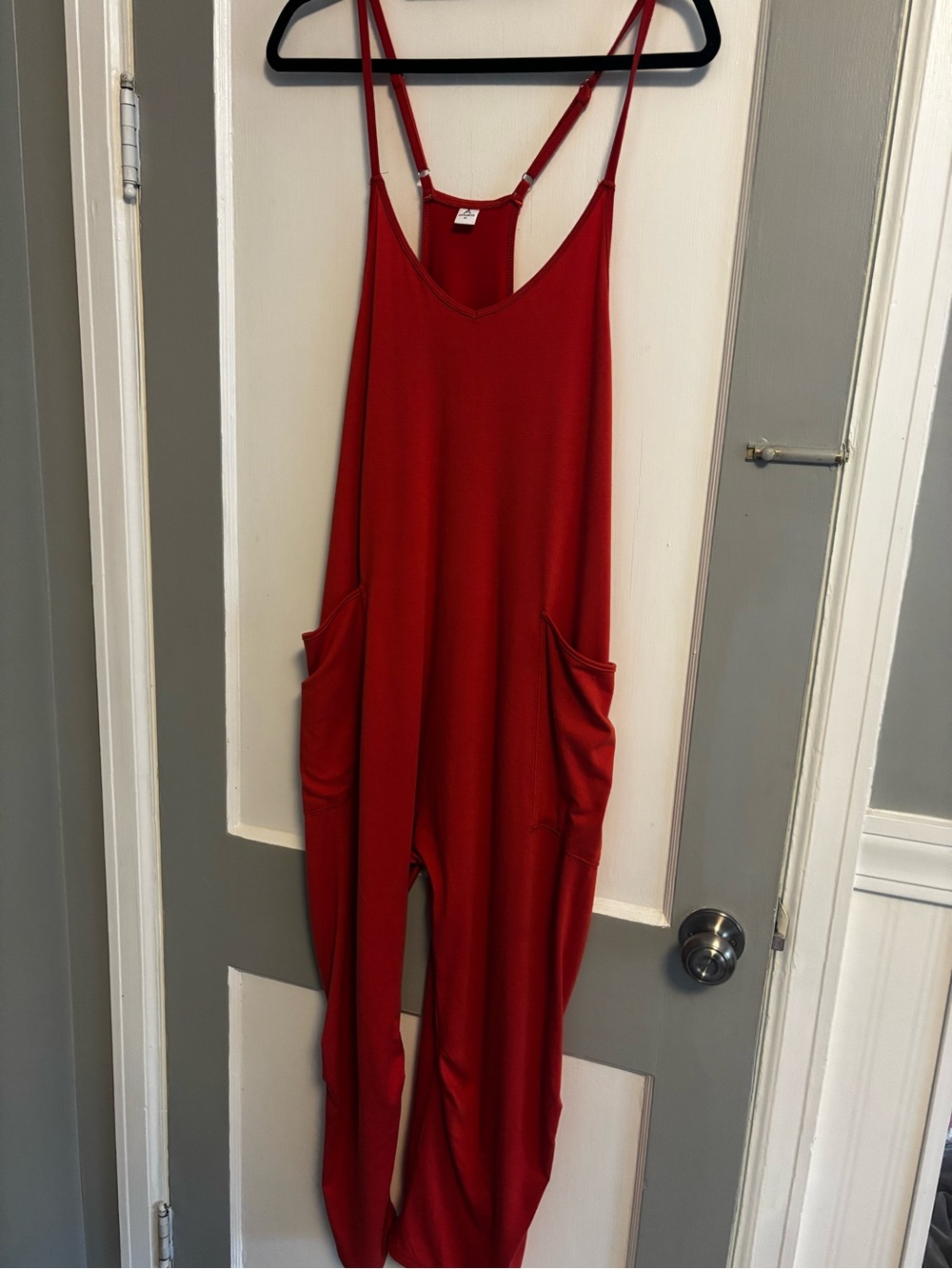 Women's Red Relaxed-Strap Jumpsuit with Side Pockets